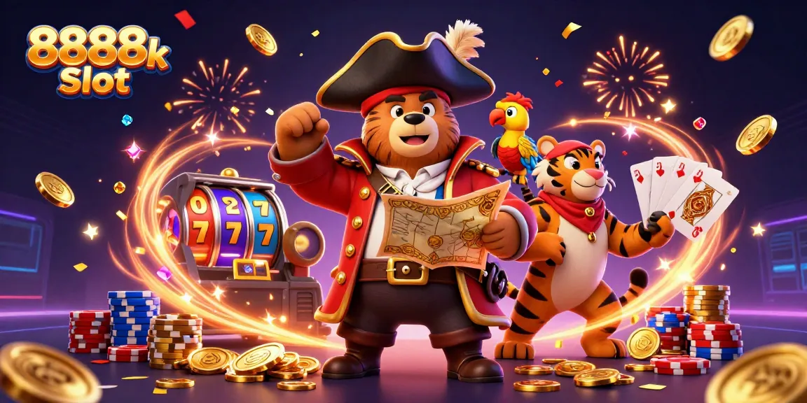 Engage in exciting gameplay with 8888k Slot, featuring a vibrant pirate-themed 3D scene.