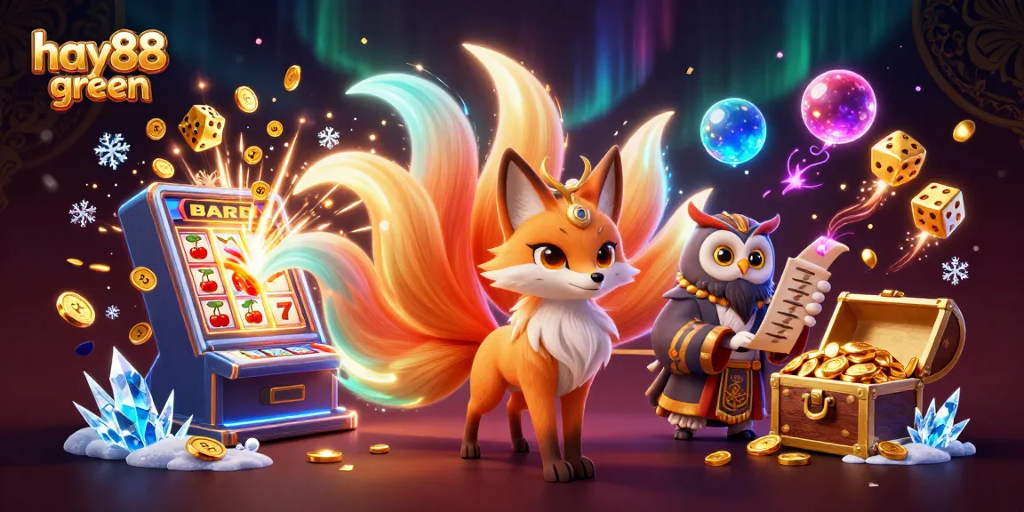 Engage in thrilling gameplay with hay88 green's colorful casino scene featuring a nine-tailed fox and jackpot explosions.