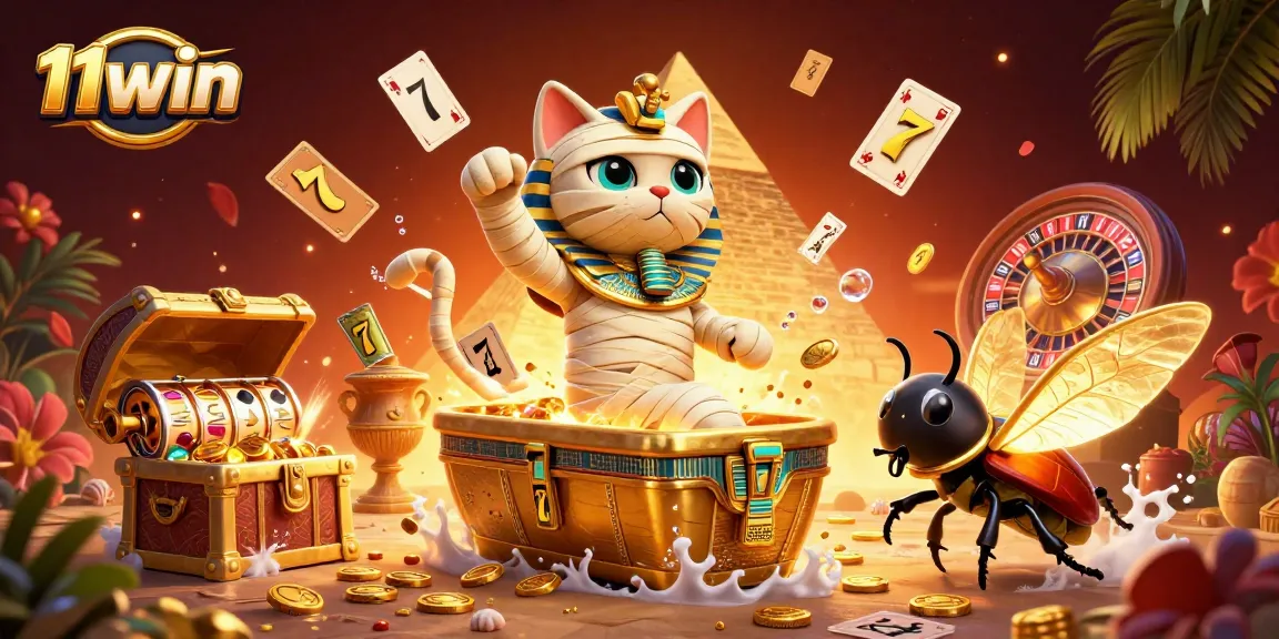 Experience thrilling gameplay at 11win with the animated Egyptian mummy cat in a vibrant casino setting.