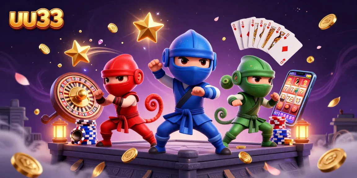 uu33 showcases a vibrant 3D casino scene with ninja chameleons amidst golden elements and animated gameplay.