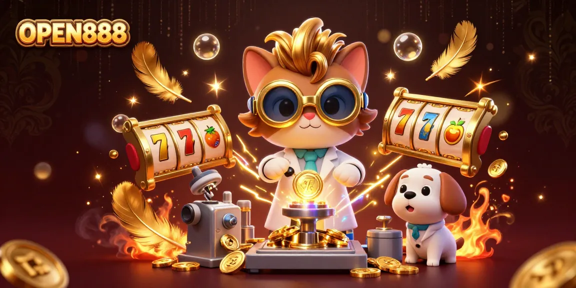 Join the excitement of OPEN888 with a lively illustration featuring colorful slot machines and cartoon characters.