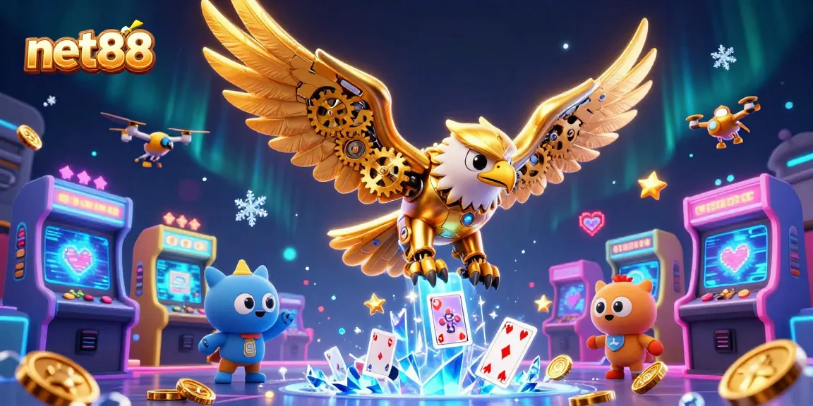 Experience thrilling gameplay with net88 in this vibrant, animated casino scene featuring a dynamic golden eagle.