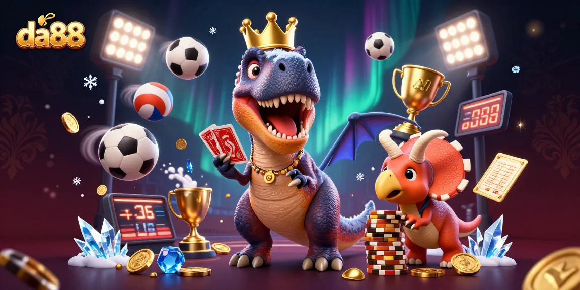 Experience engaging gameplay with da88 as a friendly T-Rex shuffles cards and wins golden chips!