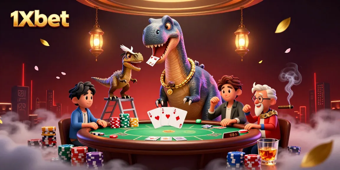 Engage with 1xbet's thrilling gaming atmosphere featuring a creative 3D scene with a giant dinosaur and poker elements.