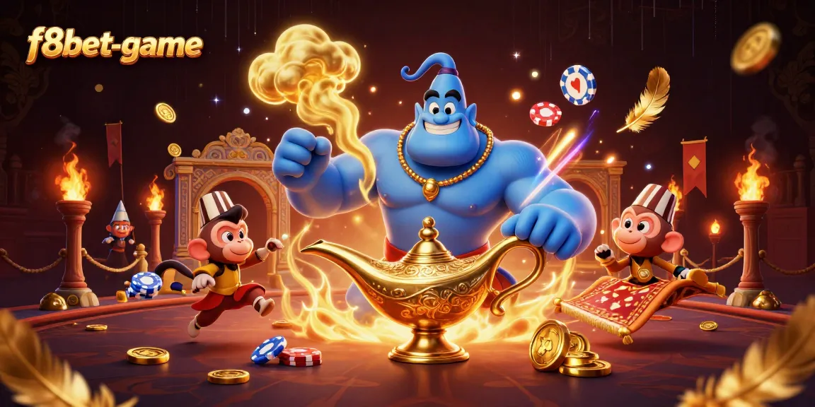Experience thrilling action with f8bet-game, featuring a genie and monkey amid a casino adventure.