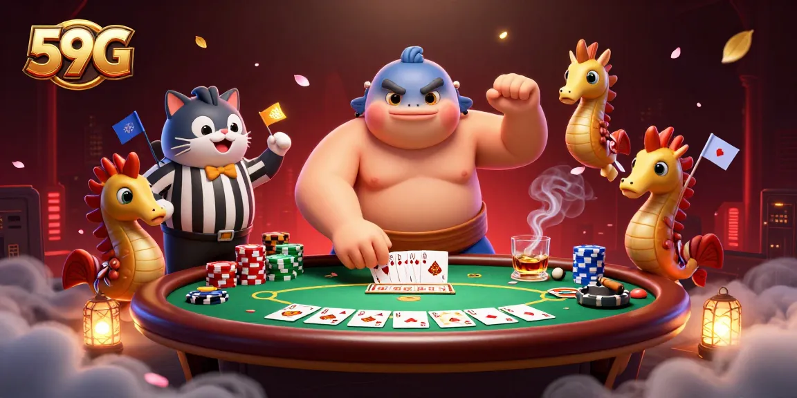 Engage with 59G's fun underwater casino scene featuring a fugu, catfish, and poker elements.