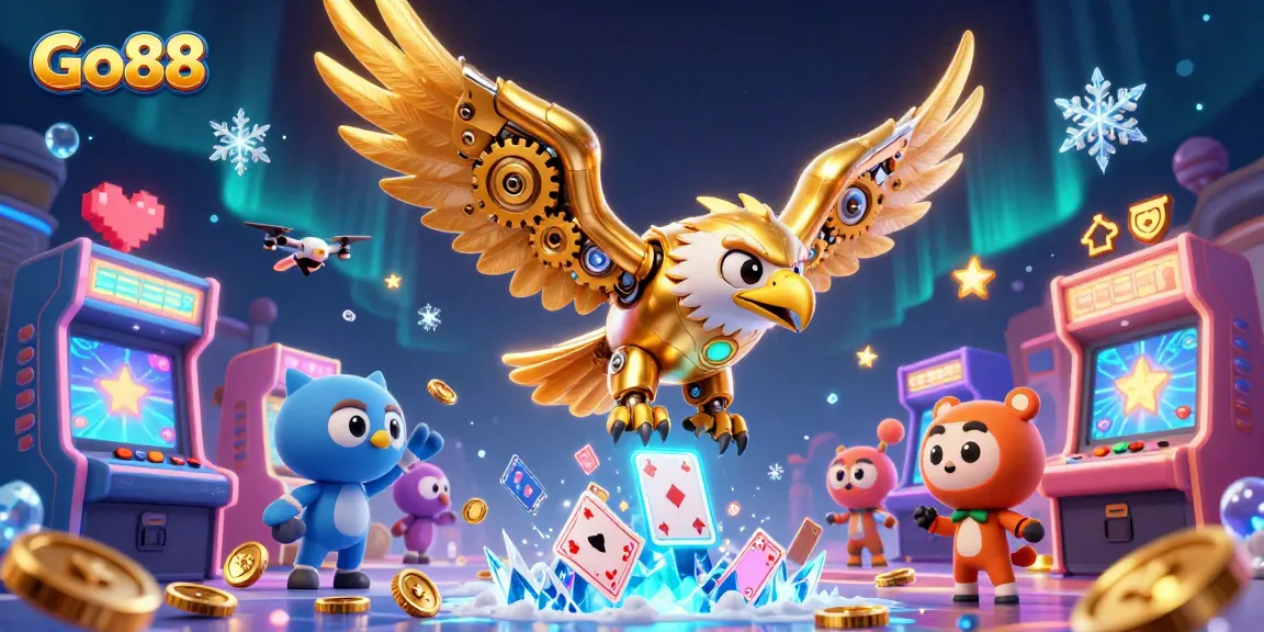 Engage with Go88's vibrant gaming world featuring a cybernetic eagle amidst holographic cards.