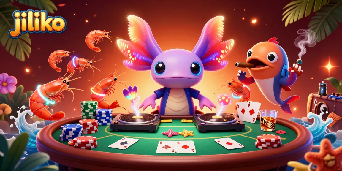 Experience thrilling gameplay at jiliko with a vibrant 3D scene featuring an axolotl DJ, poker elements, and dynamic underwater creatures.
