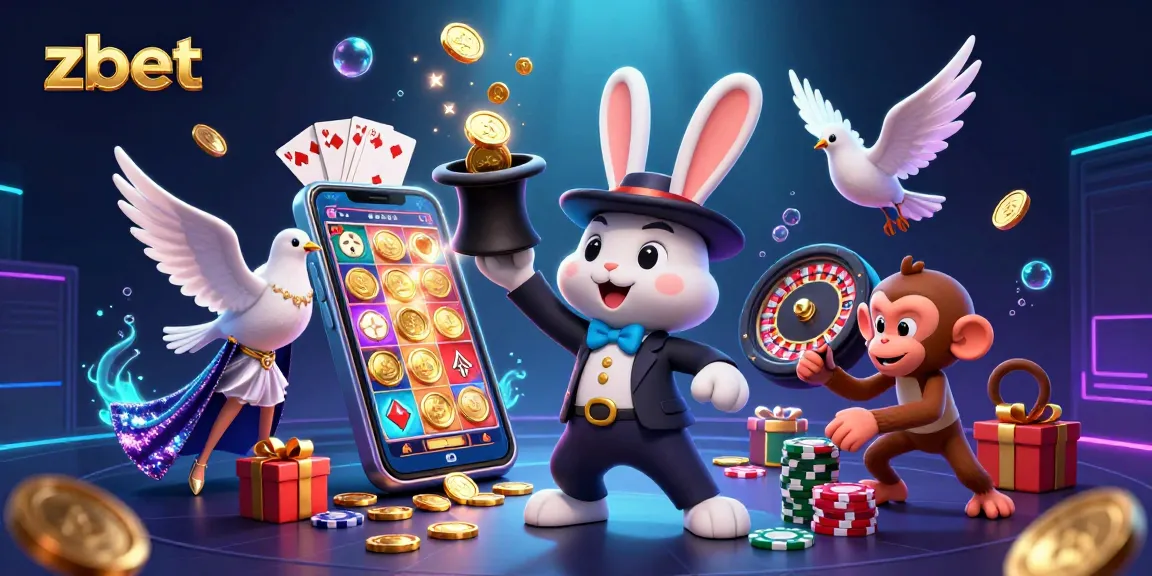 Engage with zbet's thrilling casino experience featuring a magician, poker chips, and slot games.