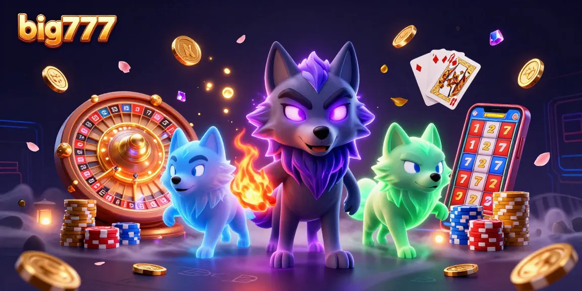 big777 slots excitement with glowing wolf characters and cascading coins in dynamic casino scene.