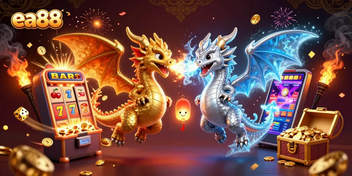 Experience the thrill of ea88 with a stunning casino scene featuring dynamic dragons and exciting game elements.