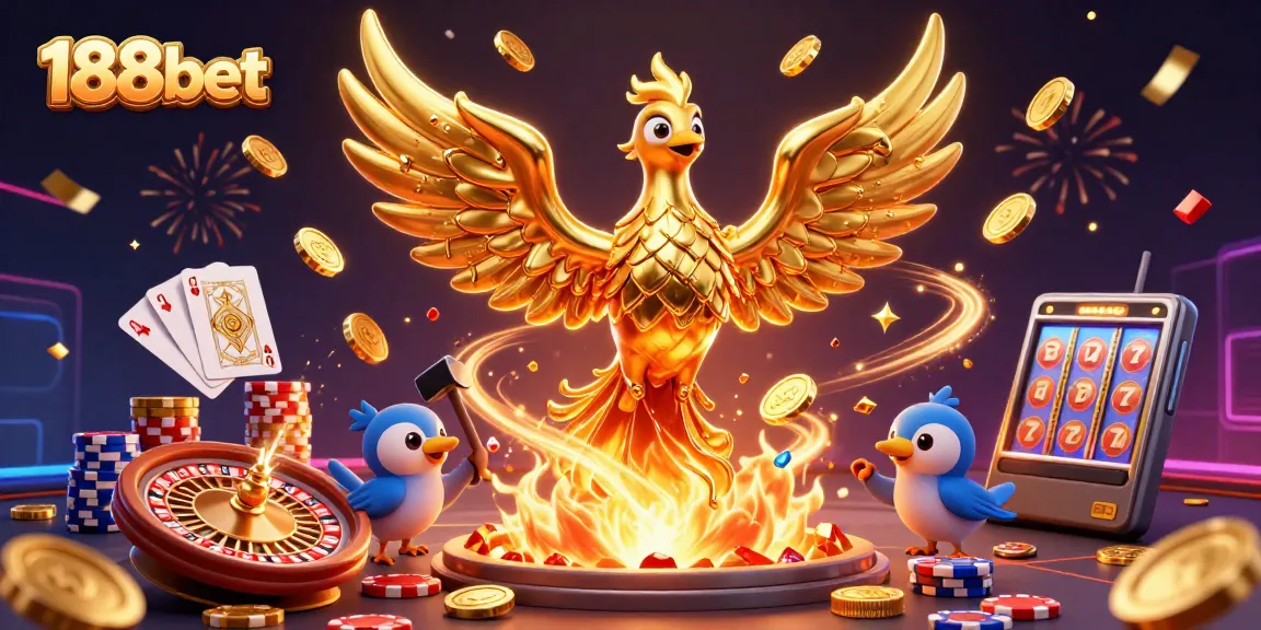 Experience the thrill of 188bet with a dynamic digital casino scene featuring golden coins, roulette, and poker cards.