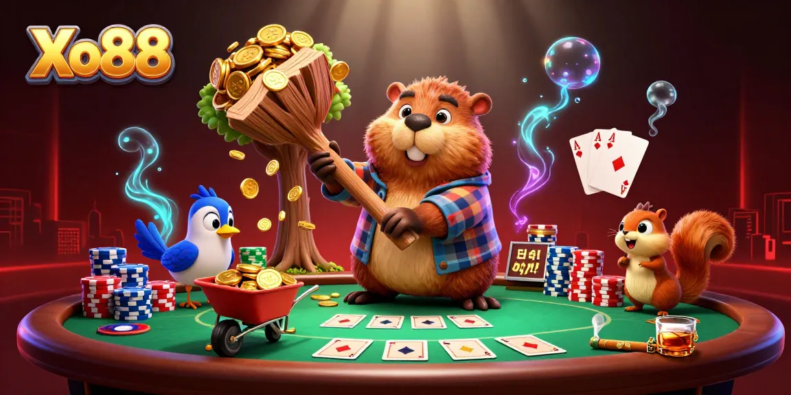 Xo88 showcases gaming excitement with a whimsical lumberjack beaver and friends collecting golden coins.
