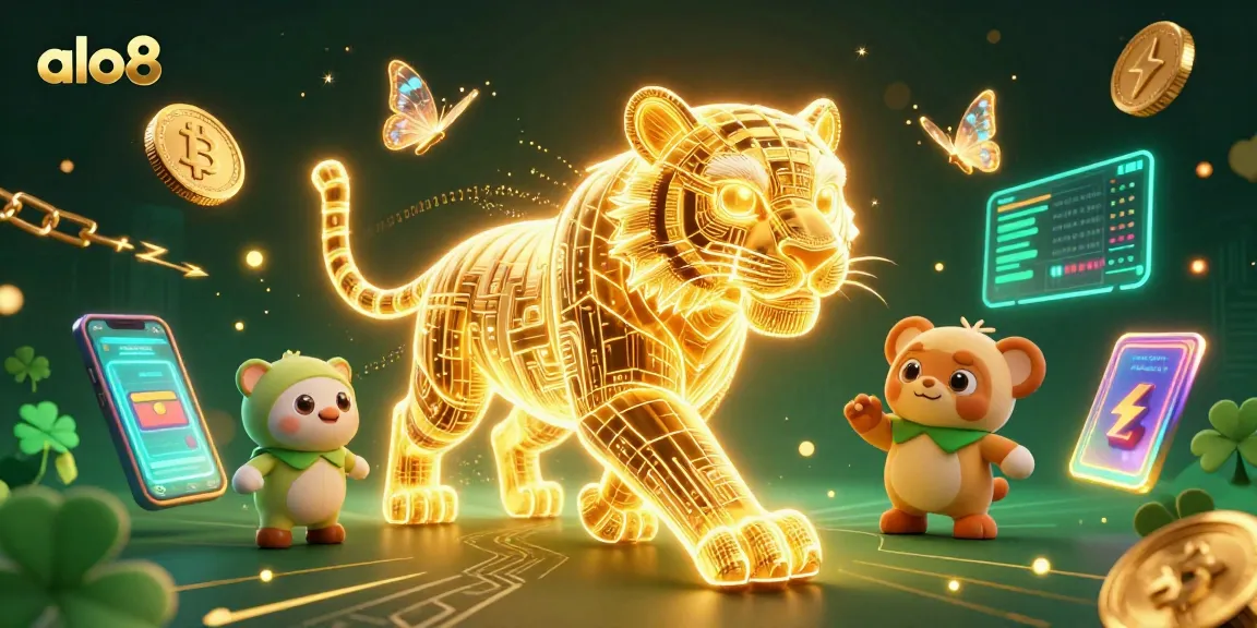 Alo8 offers a stunning digital casino experience with a neon-wireframe tiger and crypto elements.