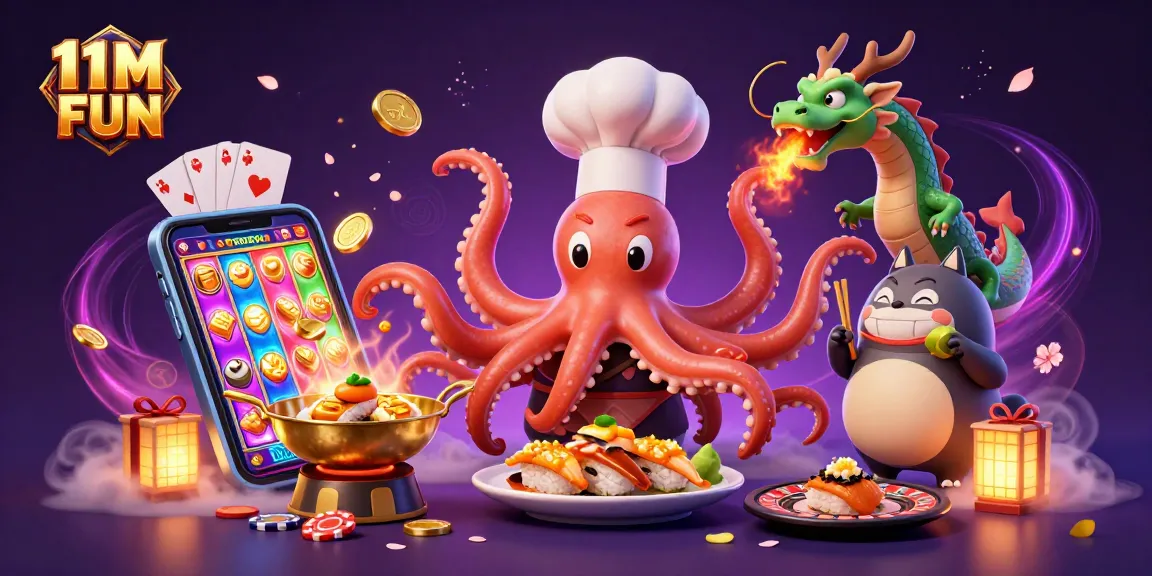 Engage in thrilling gameplay with 11M FUN's dynamic casino features featuring vibrant characters and slot action.