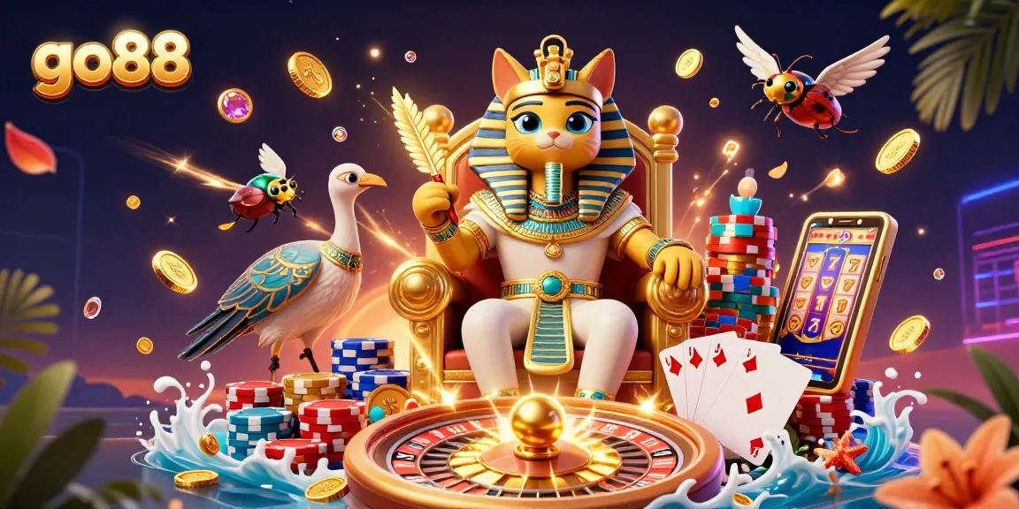 Experience the thrill of go88 with a vibrant casino-themed illustration featuring golden coins, roulette, and lucky games.