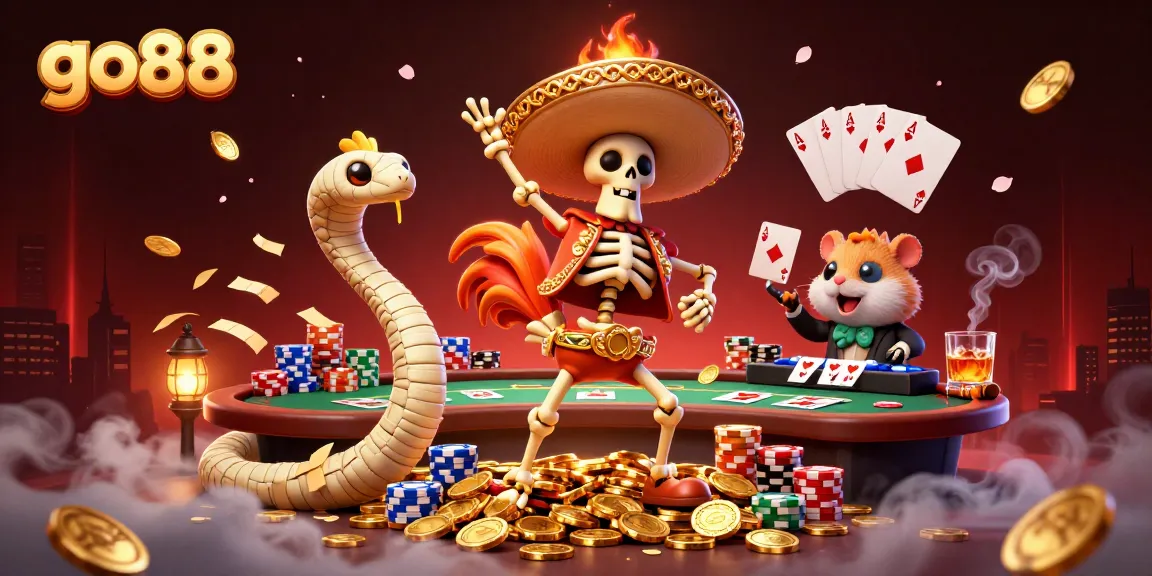 Engage with go88's vibrant gaming scene featuring a jubilant skeleton rooster amidst poker elements.