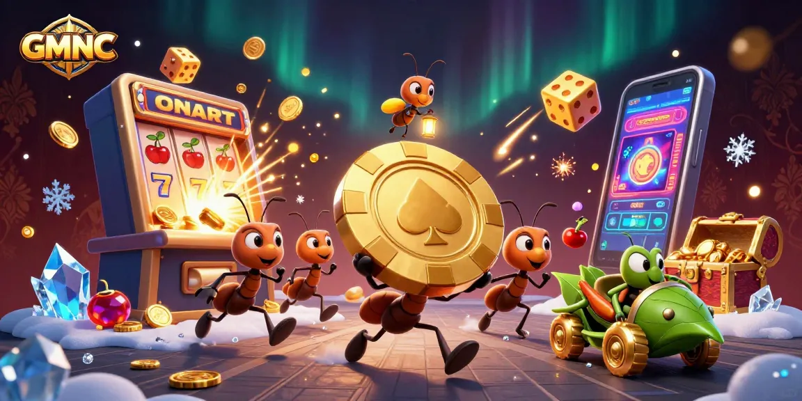 GMNC showcases a quirky casino heist scene with cartoon ants carrying a giant poker chip.