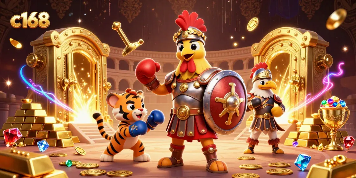 Experience high-stakes action at c168 with a lively 3D illustration featuring a gladiator rooster and friends.
