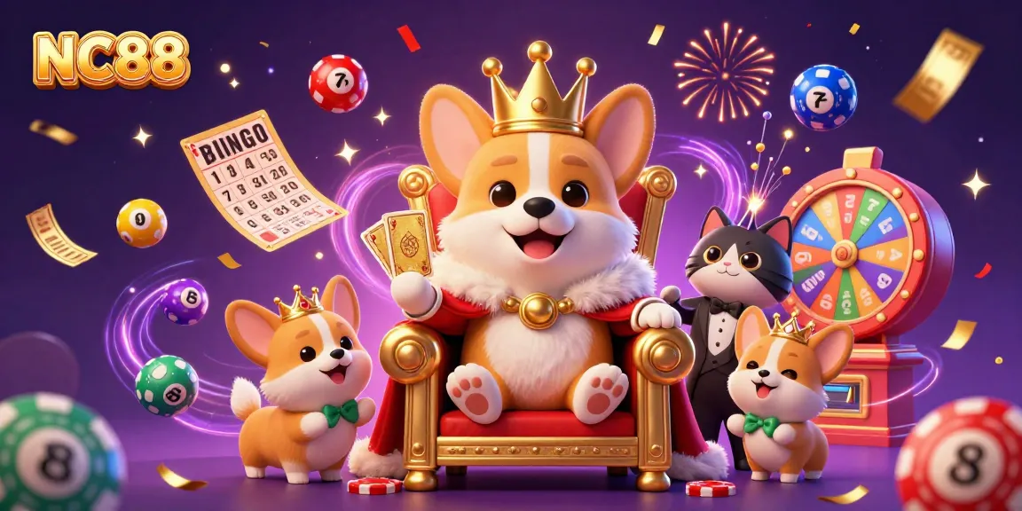 Winning with NC88 at a casino-themed royal gathering with the corgi king and colorful lottery elements.