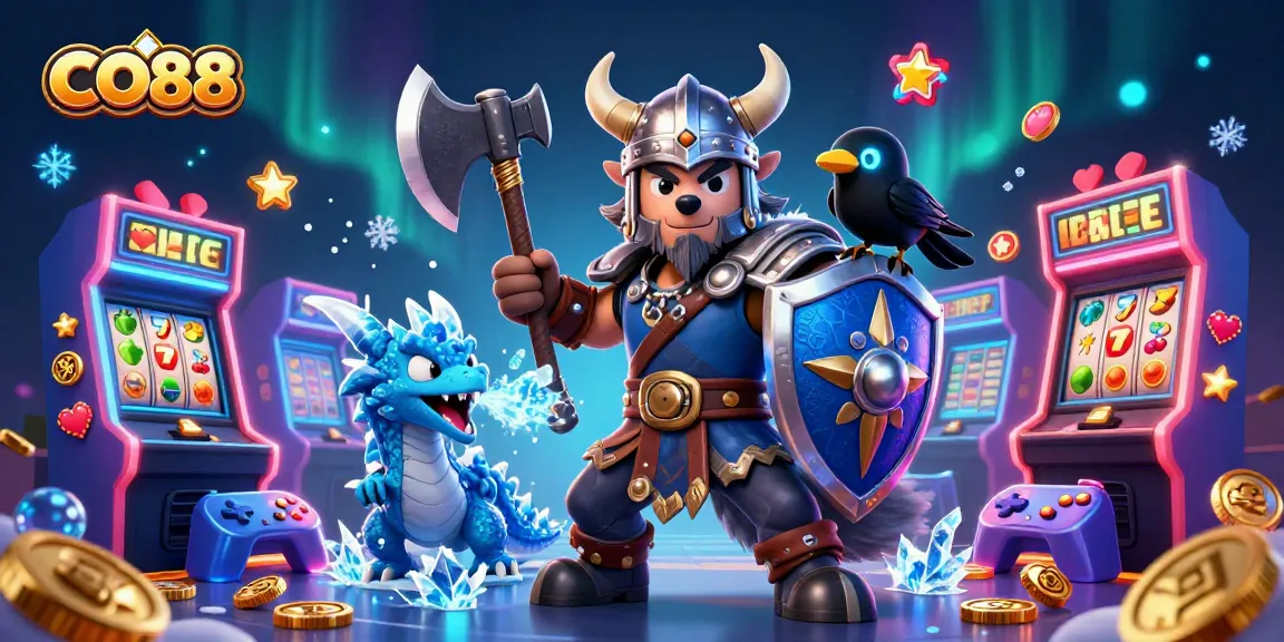 Engage in thrilling gameplay with CO88, featuring a Viking warrior and mystical creatures in an exciting casino adventure.