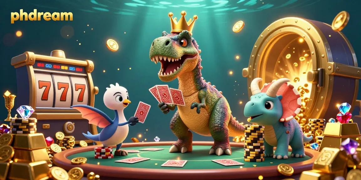 PHDREAM showcases a vibrant casino scene with T-Rex shuffling cards, highlighting thrilling gambling action.