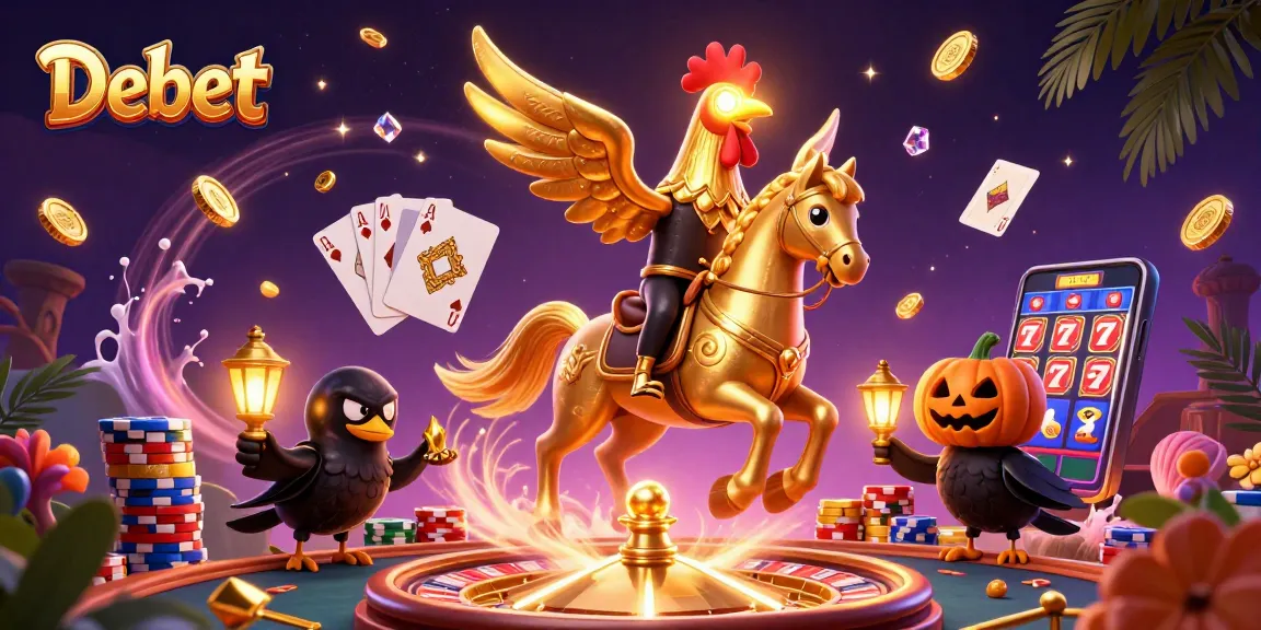 Debet: Win big at this vibrant midnight casino with a golden rooster and dazzling game elements.