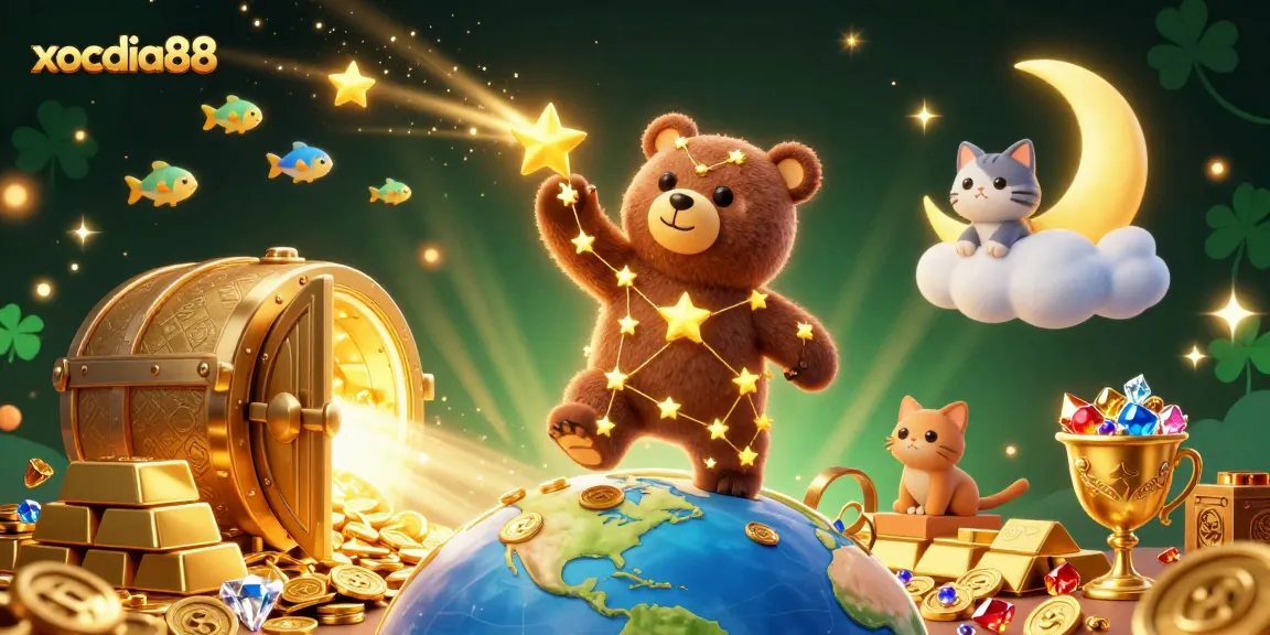 Experience xocdia88 magic with a constellation bear scooping coins, vibrant treasure elements, and cosmic companions.