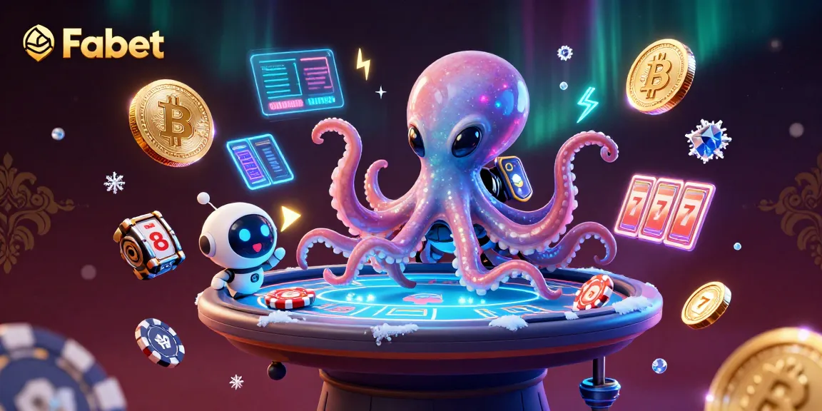 Fabet showcases a vibrant alien octopus operating a holographic poker table, blending cryptocurrency elements.