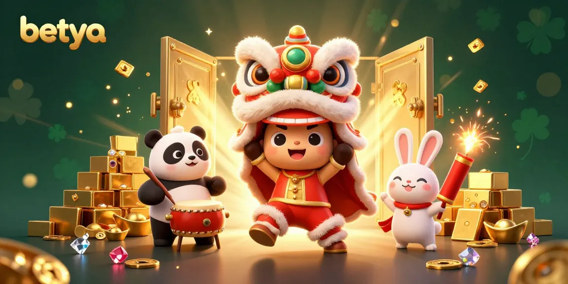 Experience the exciting world of betya with a vibrant scene featuring a lion dance and casino treasures.