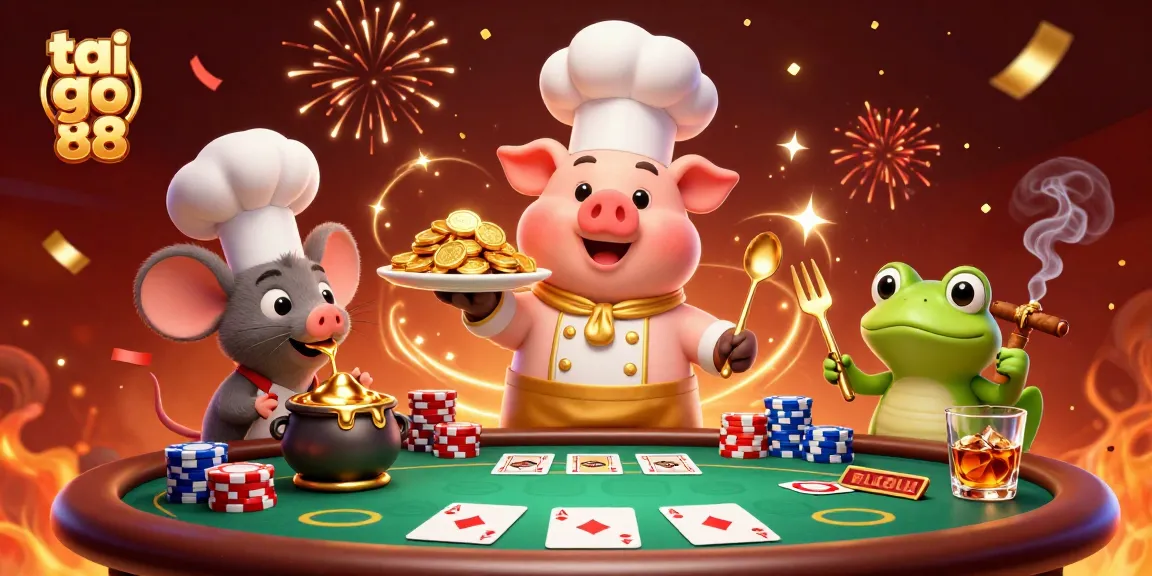 Experience tai go 88 with a lively scene of a chef pig serving gold coins, perfect for online casino action.