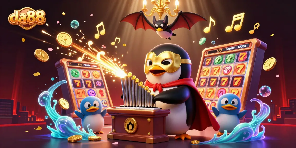Experience the excitement of da88 with a vivid scene of a penguin playing a winning slot game amidst gold coins and lucky symbols.