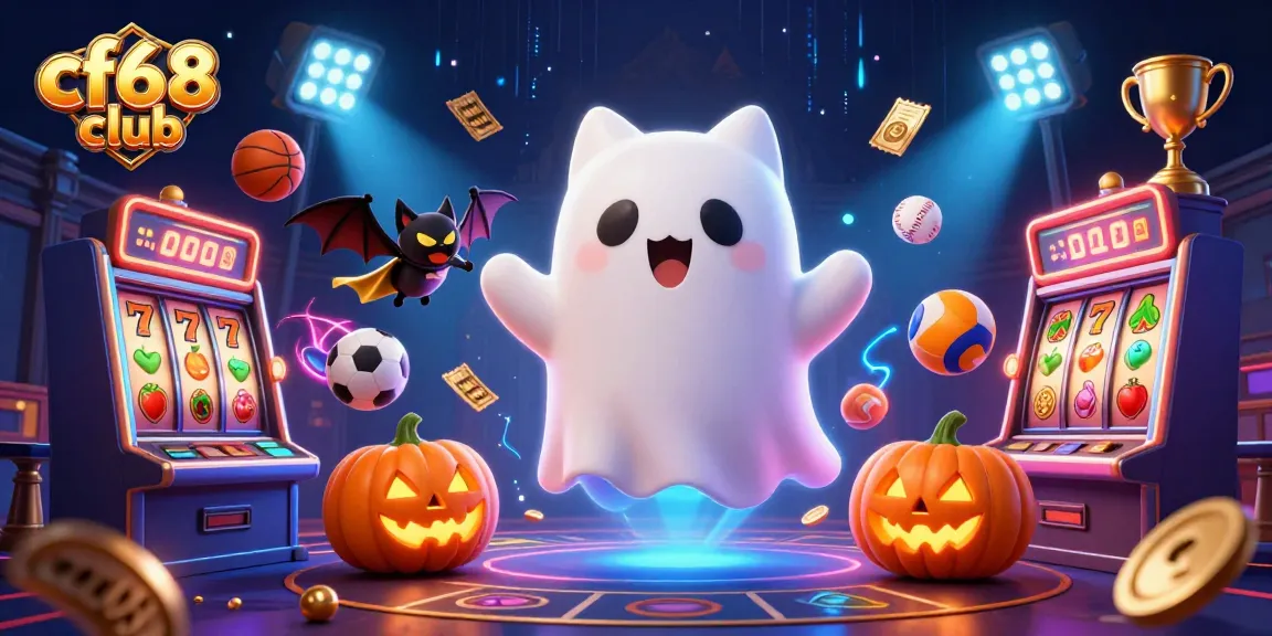 Engaging cf68 club gaming scene with a friendly ghost cat and vampire bat amidst slot machines.