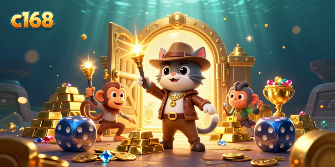 Experience the thrill of c168 as a cat explorer uncovers casino treasures in a vibrant temple
