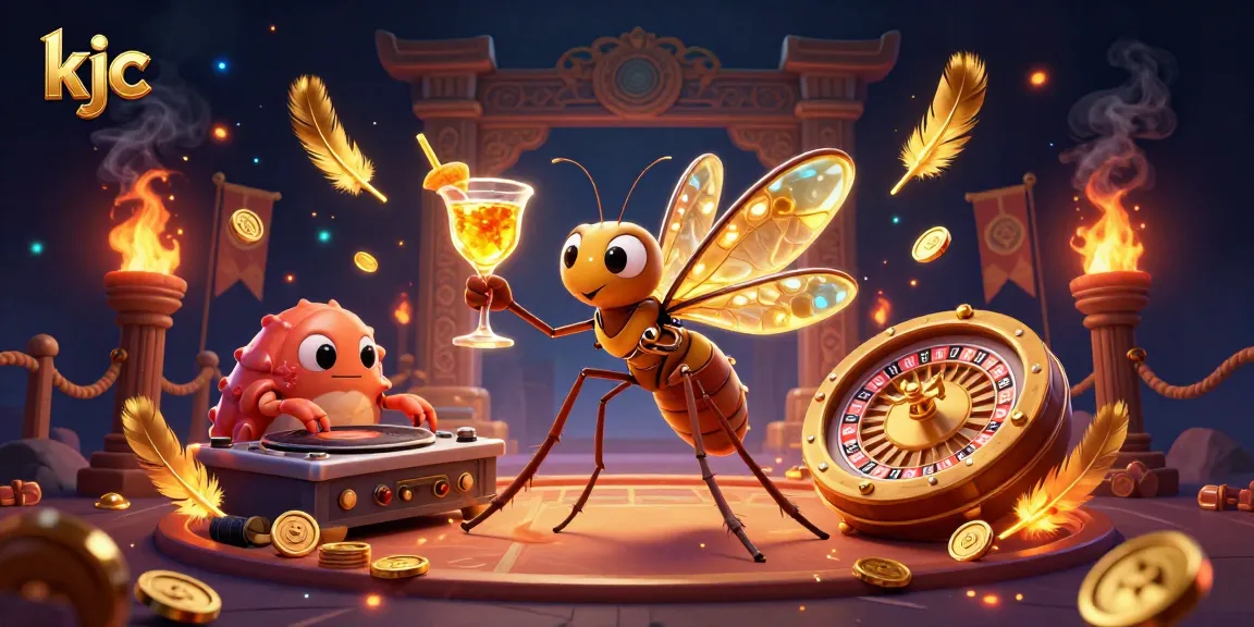 Engage with the vibrant KJC casino scene of a frozen mosquito mascot and a trilobite DJ amidst golden gaming elements.