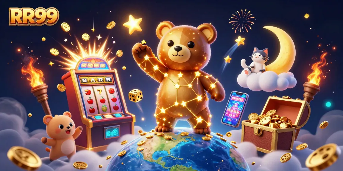 RR99 showcases a thrilling casino experience with vibrant 3D illustrations of games and rewards.