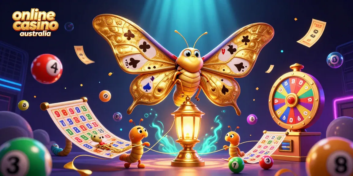 Experience the excitement of online casino Australia with a vibrant 3D illustration featuring an atlas moth and casino elements.