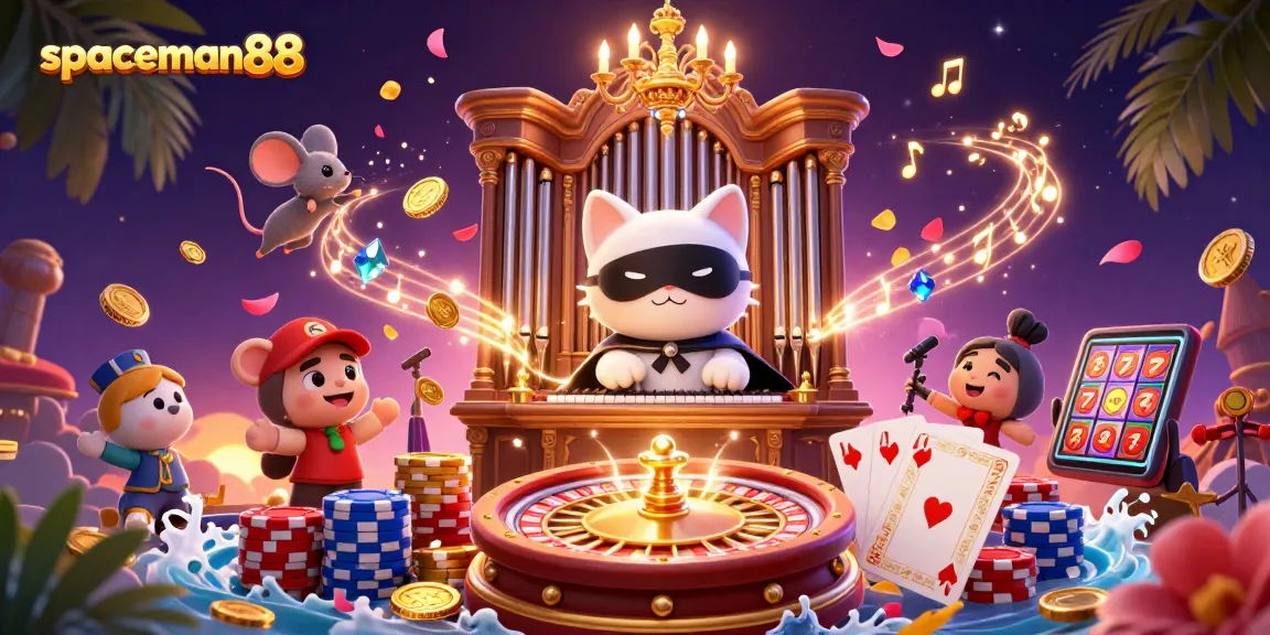 Join the excitement with spaceman88 in this vibrant casino illustration, showcasing dynamic gaming elements.