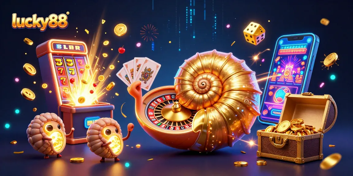 Engage in thrilling gameplay with lucky88 as a giant nautilus casino character holds cards amidst vibrant slot machines and golden treasures.