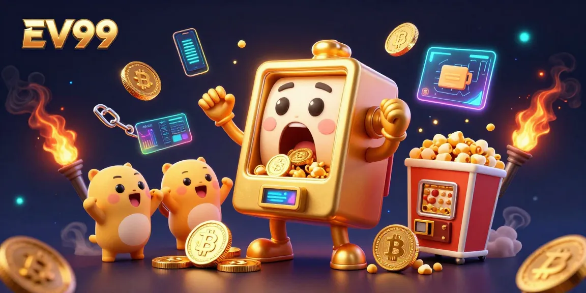 Experience the excitement with EV99 as the golden slot machine hits a jackpot amidst vibrant casino elements.