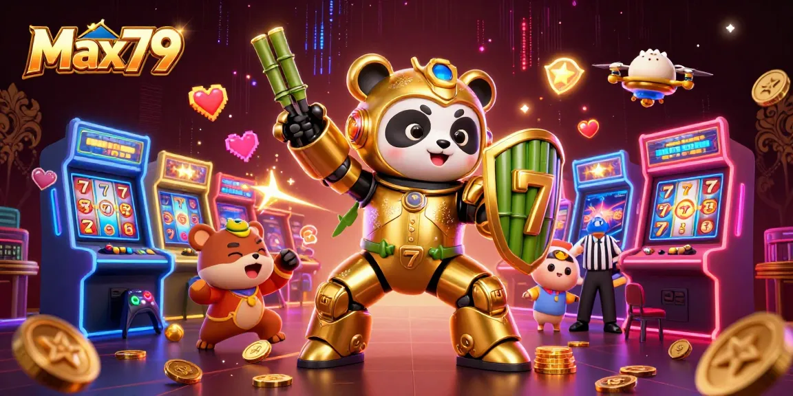 Experience Max79 with vibrant slot elements and dynamic characters in a lively casino scene.
