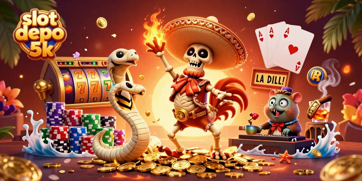 Experience thrilling wins with slot depo 5k as joyful characters celebrate amidst vibrant slot reels and golden coins.