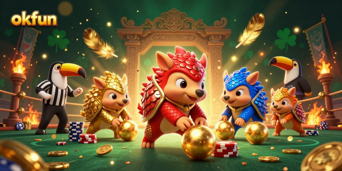 Engage in competitive play with okfun's vibrant pangolin duo in a thrilling casino showdown.