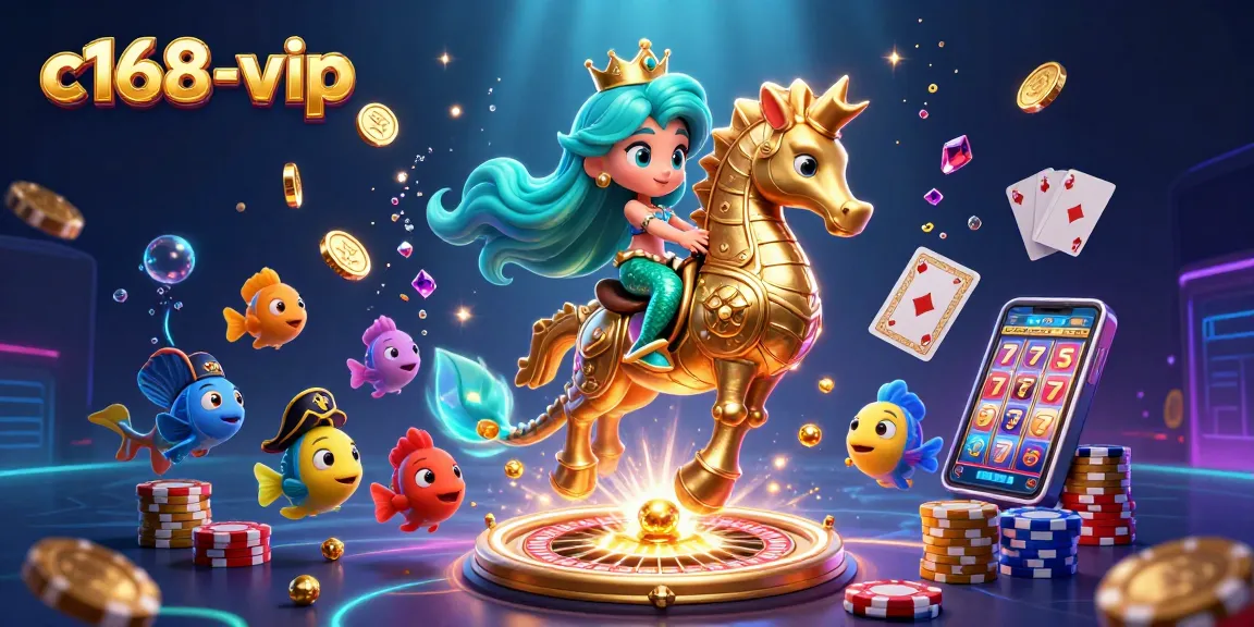 Catch thrilling jackpots at c168-vip with a mermaid princess riding a seahorse amidst vibrant casino elements.