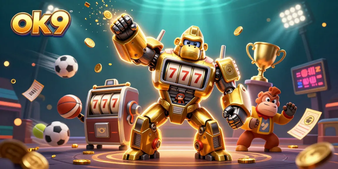 Experience the thrill with ok9's golden gorilla mech amidst scattering sports balls and betting elements.