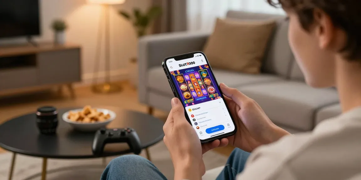 slot7000 app showcased on smartphone in a cozy gaming setup