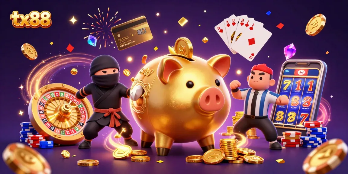 Experience the vibrant world of tx88 with lively characters and exciting casino elements in a dynamic scene.
