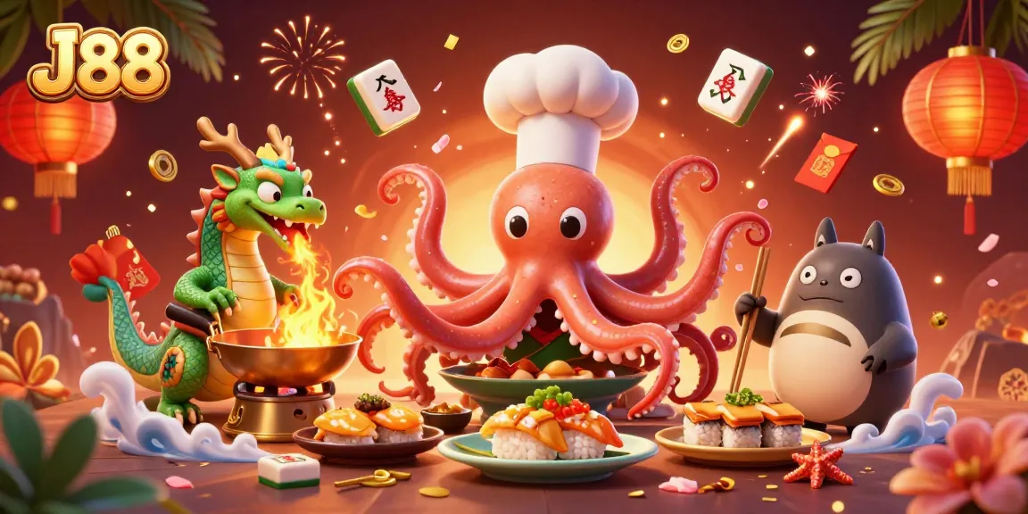 Engage with J88's vibrant casino illustration featuring an octopus chef and mystical dragon.