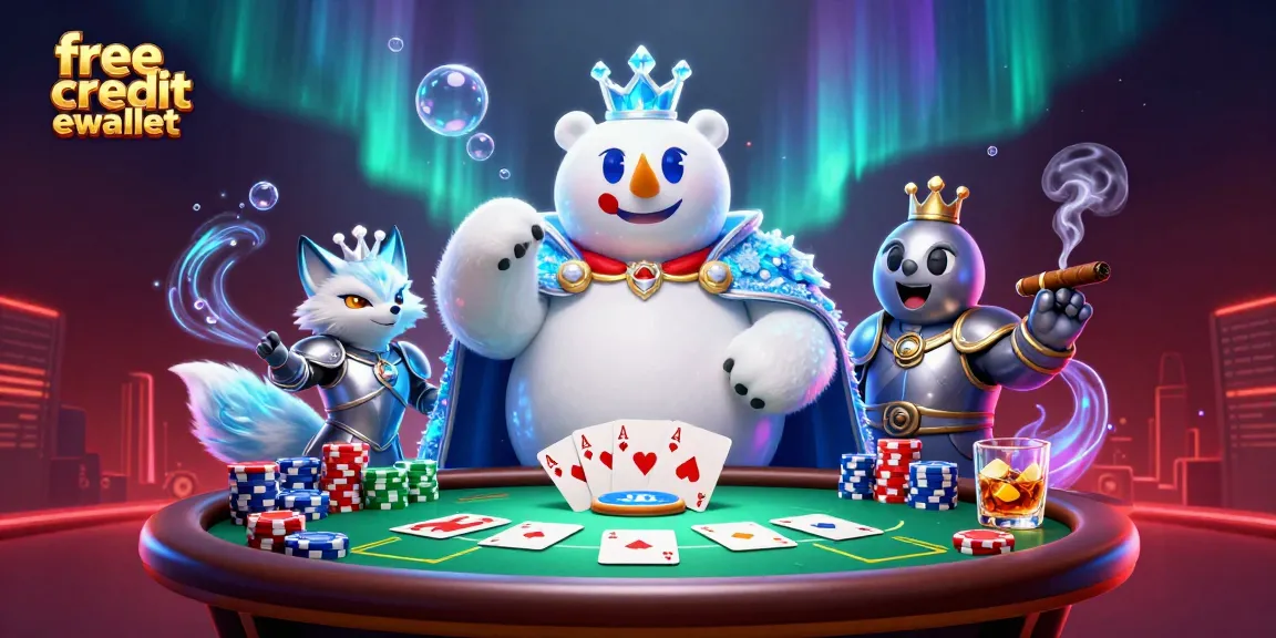 Bet on free credit ewallet opportunities with a colorful casino scene featuring vibrant poker elements.
