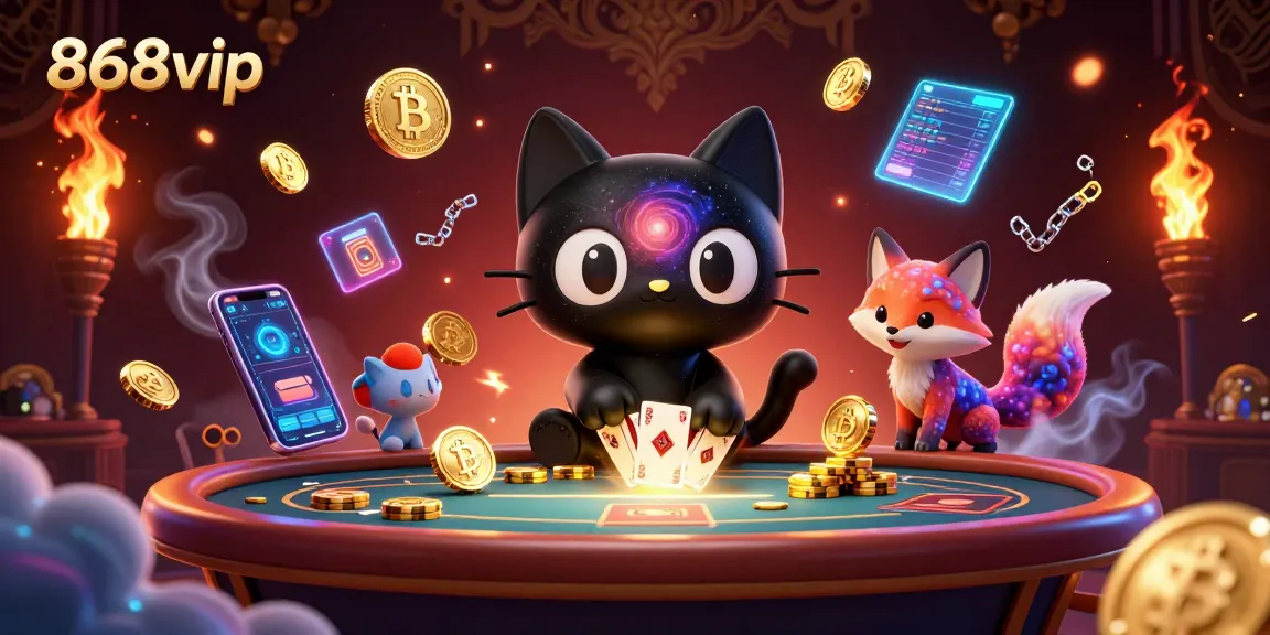 Engage with 868vip's cosmic casino featuring a black hole cat and nebula fox among neon crypto elements.